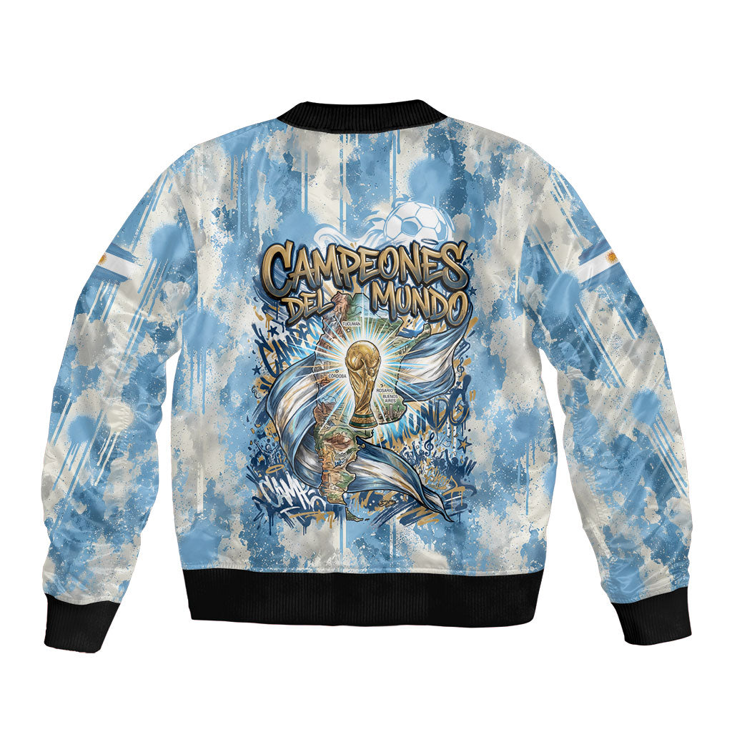 Argentina Football Campeones Del Mundo 2026 Sleeve Zip Bomber Jacket Champions Soccer Flag Watercolor Paint Drips Trophy
