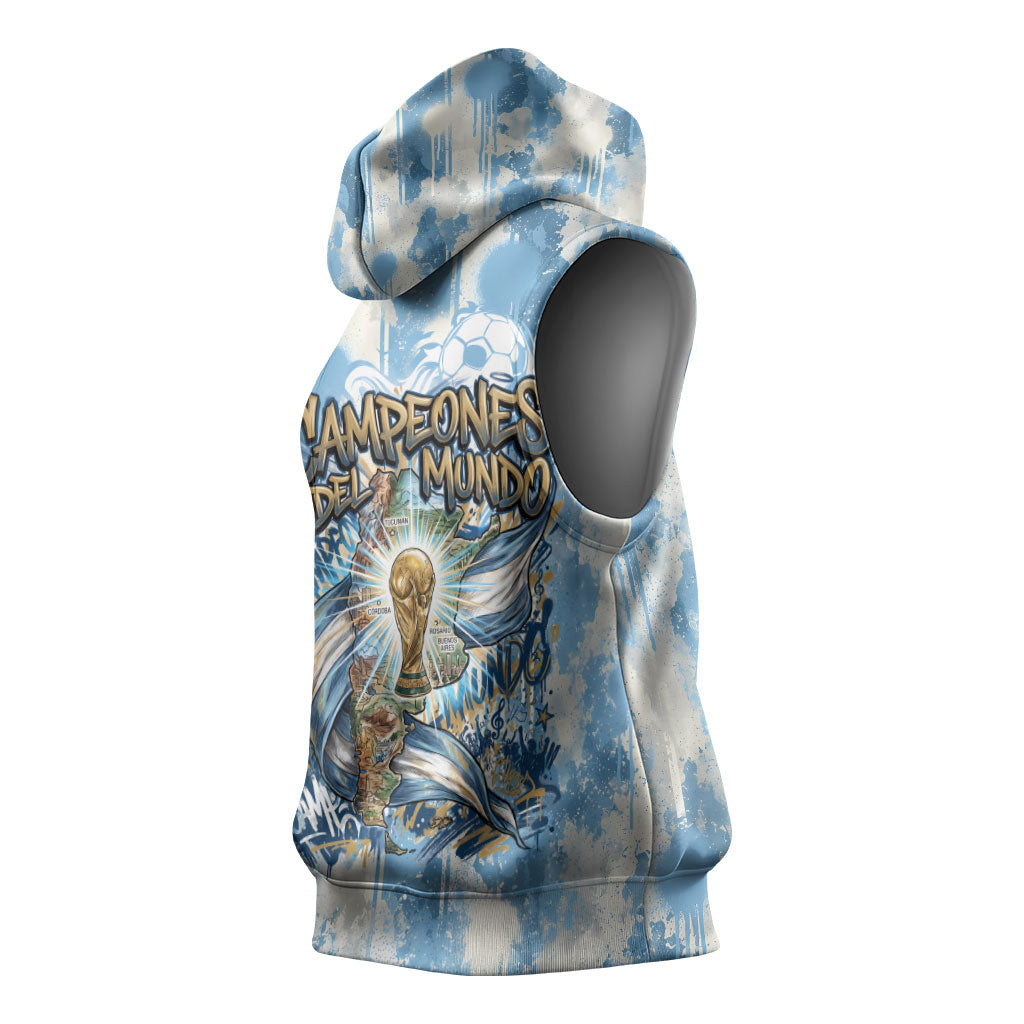 Argentina Football Campeones Del Mundo 2026 Sleeveless Hoodie Champions Soccer Flag Watercolor Paint Drips Trophy