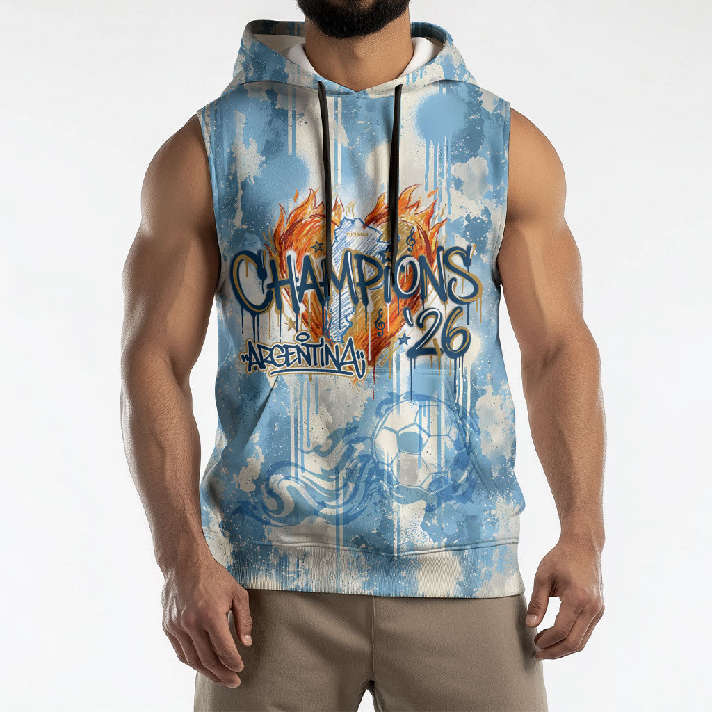 Argentina Football Campeones Del Mundo 2026 Sleeveless Hoodie Champions Soccer Flag Watercolor Paint Drips Trophy