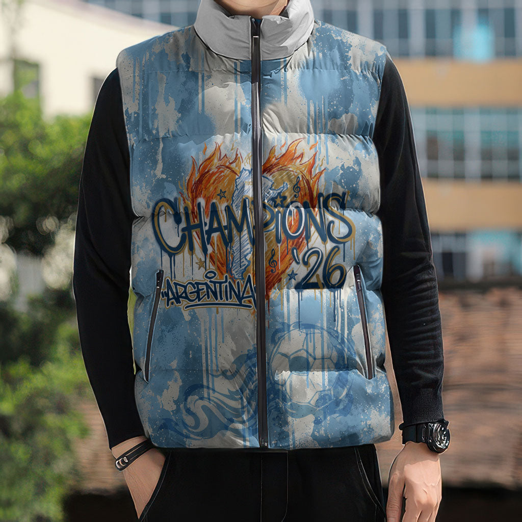 Argentina Football Campeones Del Mundo 2026 Sleeveless Puffer Jacket Champions Soccer Flag Watercolor Paint Drips Trophy