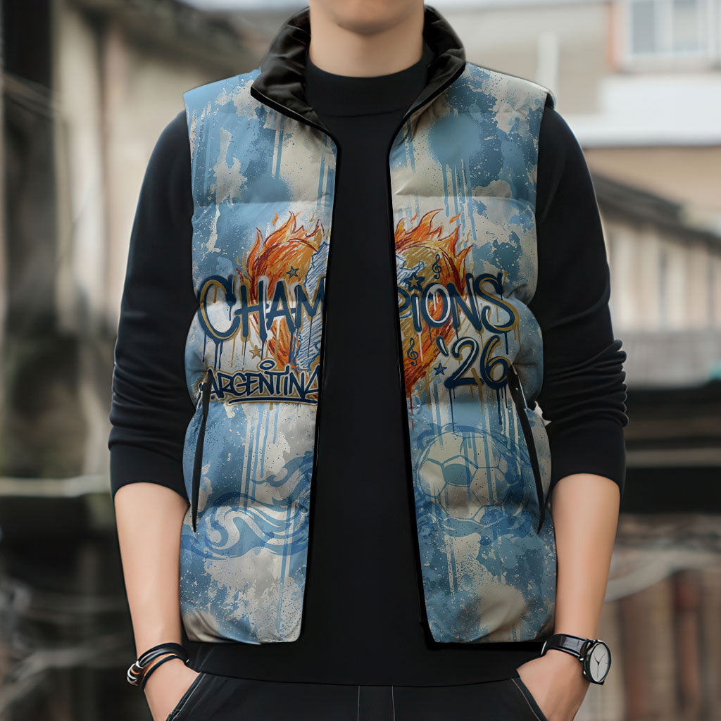 Argentina Football Campeones Del Mundo 2026 Sleeveless Puffer Jacket Champions Soccer Flag Watercolor Paint Drips Trophy