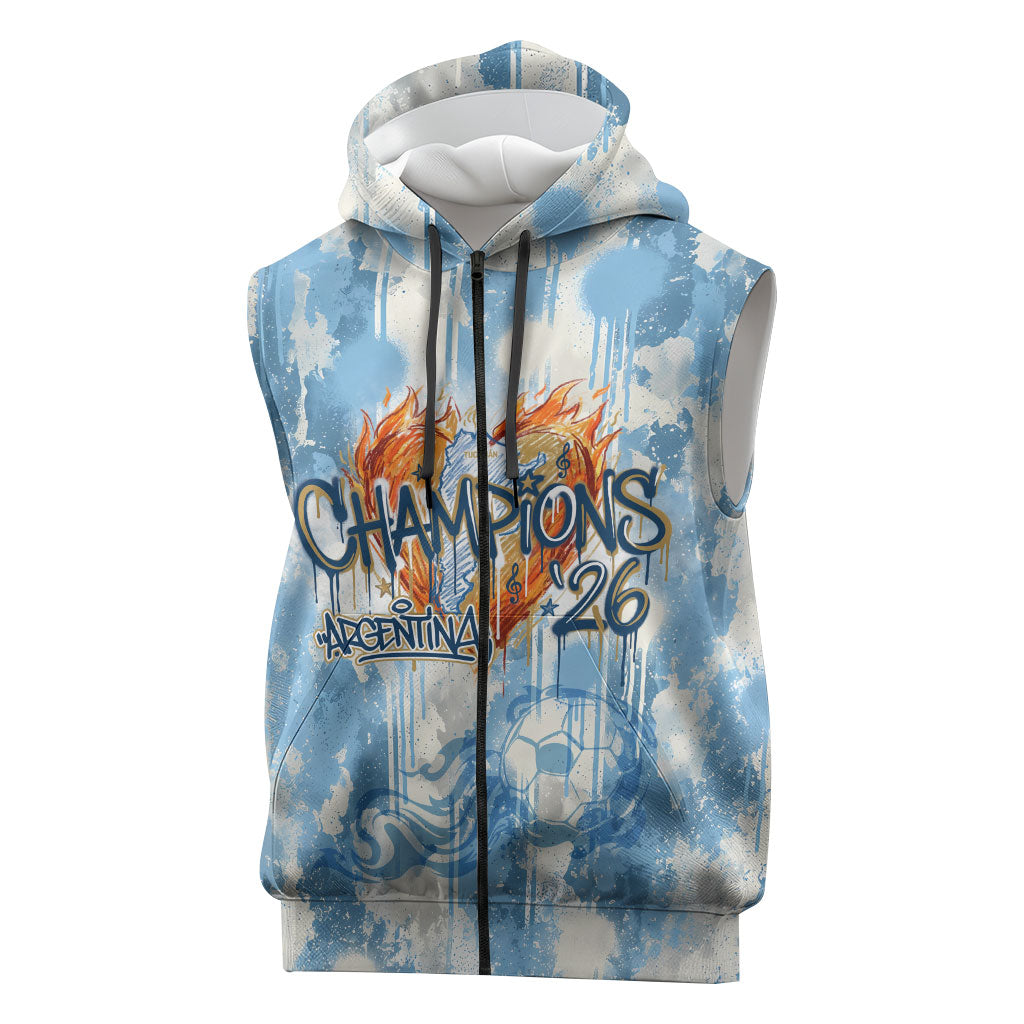 Argentina Football Campeones Del Mundo 2026 Sleeveless Zip Hoodie Champions Soccer Flag Watercolor Paint Drips Trophy