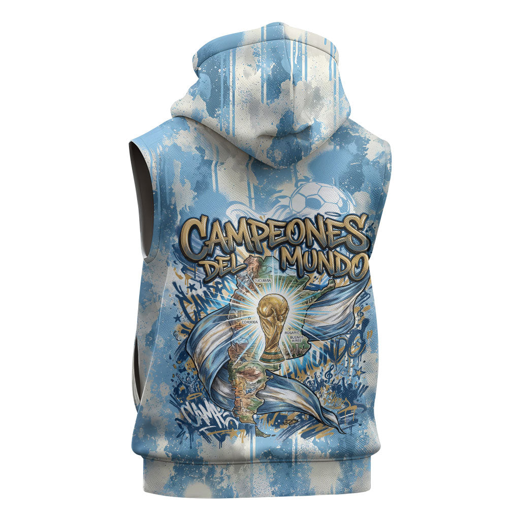 Argentina Football Campeones Del Mundo 2026 Sleeveless Zip Hoodie Champions Soccer Flag Watercolor Paint Drips Trophy