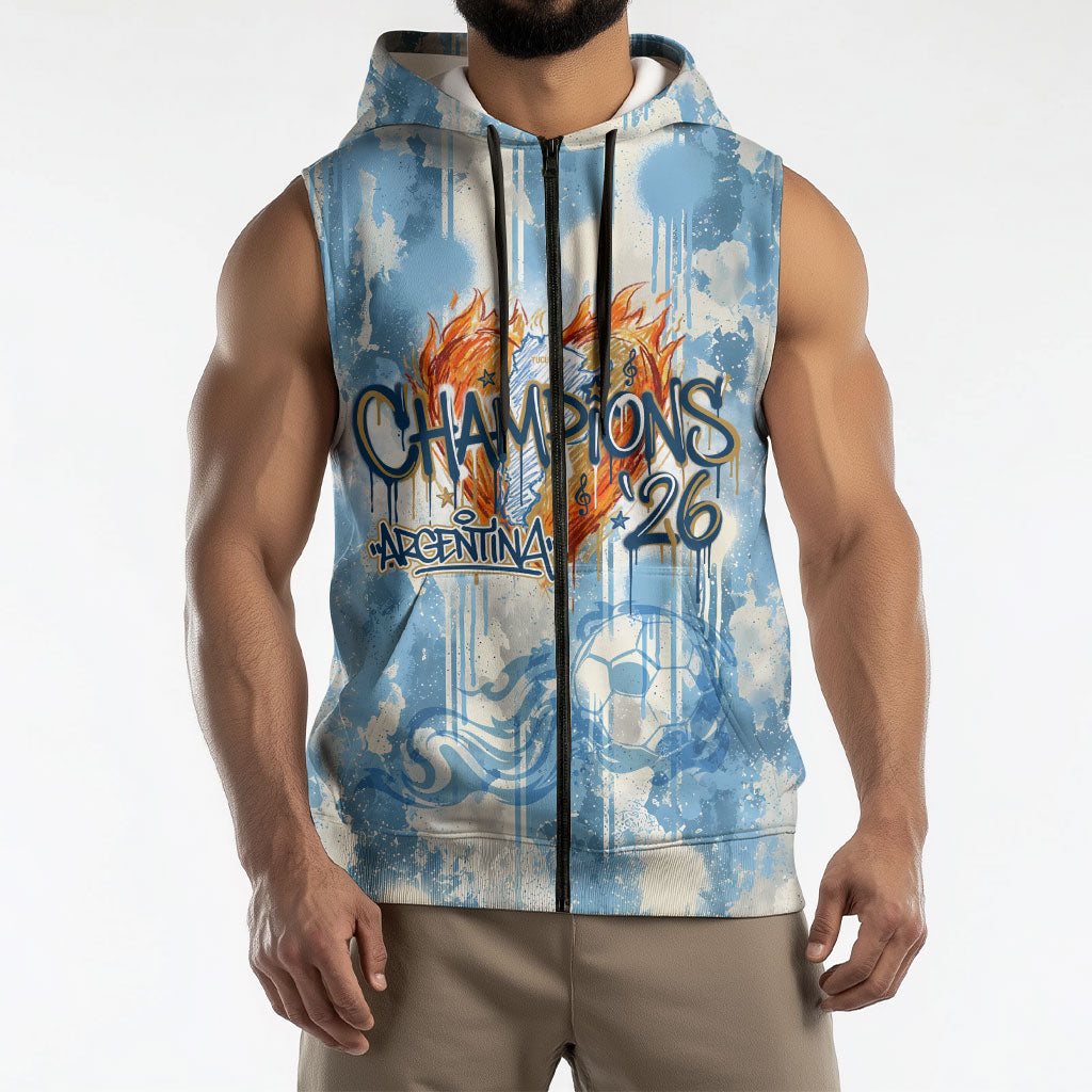 Argentina Football Campeones Del Mundo 2026 Sleeveless Zip Hoodie Champions Soccer Flag Watercolor Paint Drips Trophy