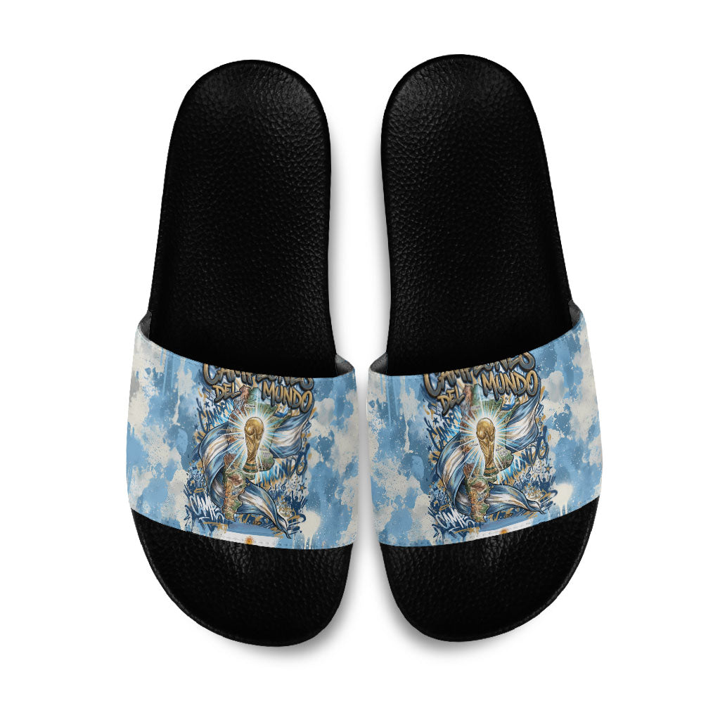 Argentina Football Campeones Del Mundo 2026 Slide Sandals Champions Soccer Flag Watercolor Paint Drips Trophy