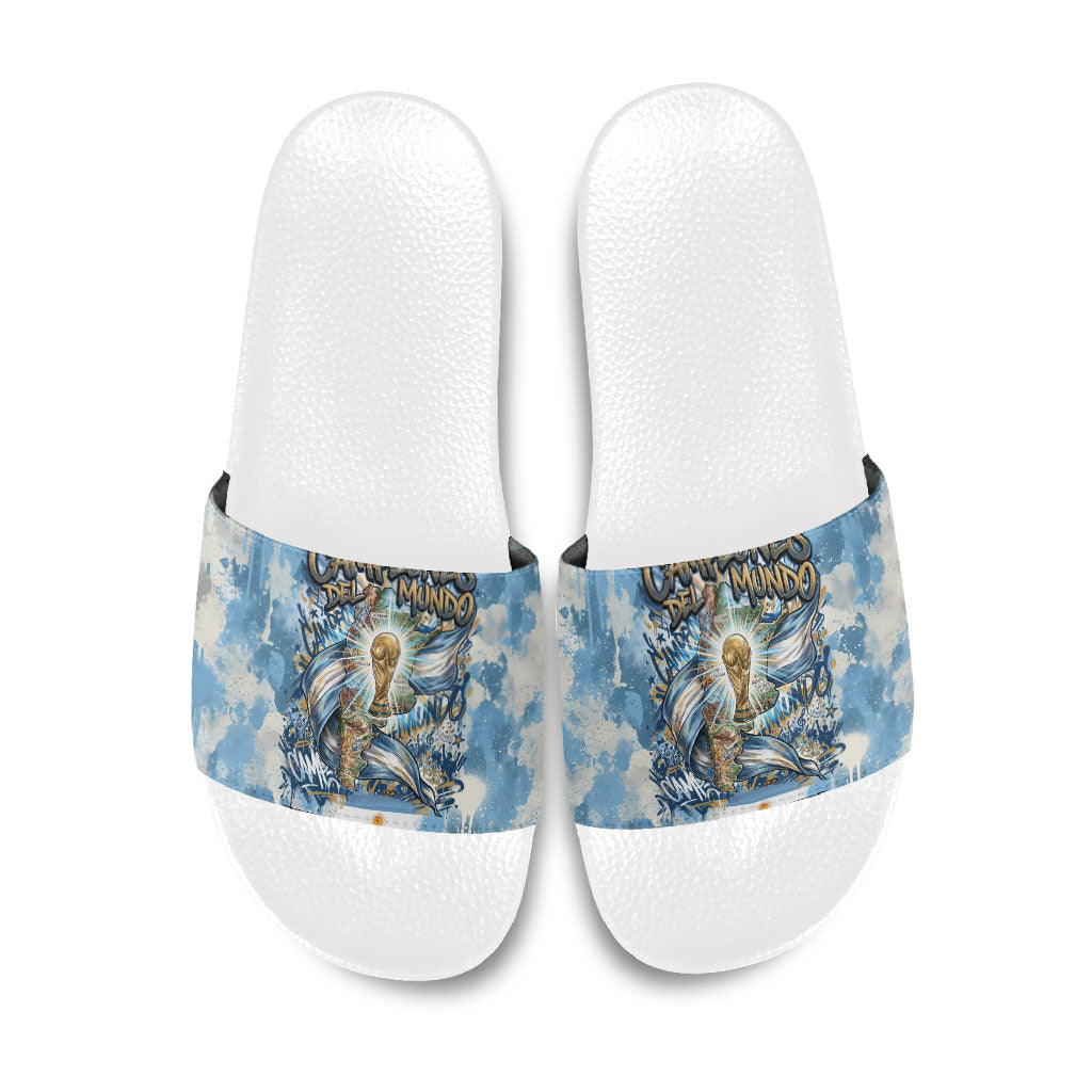 Argentina Football Campeones Del Mundo 2026 Slide Sandals Champions Soccer Flag Watercolor Paint Drips Trophy