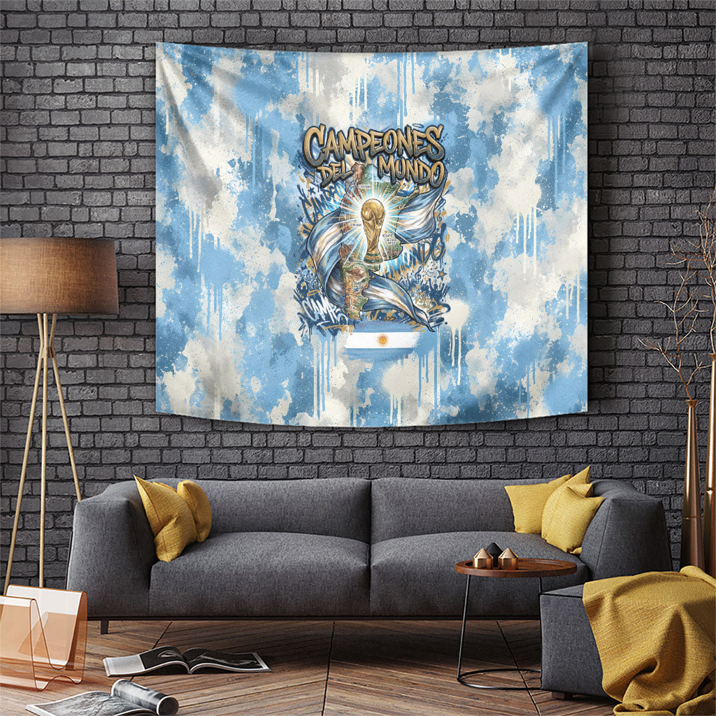 Argentina Football Campeones Del Mundo 2026 Tapestry Champions Soccer Flag Watercolor Paint Drips Trophy