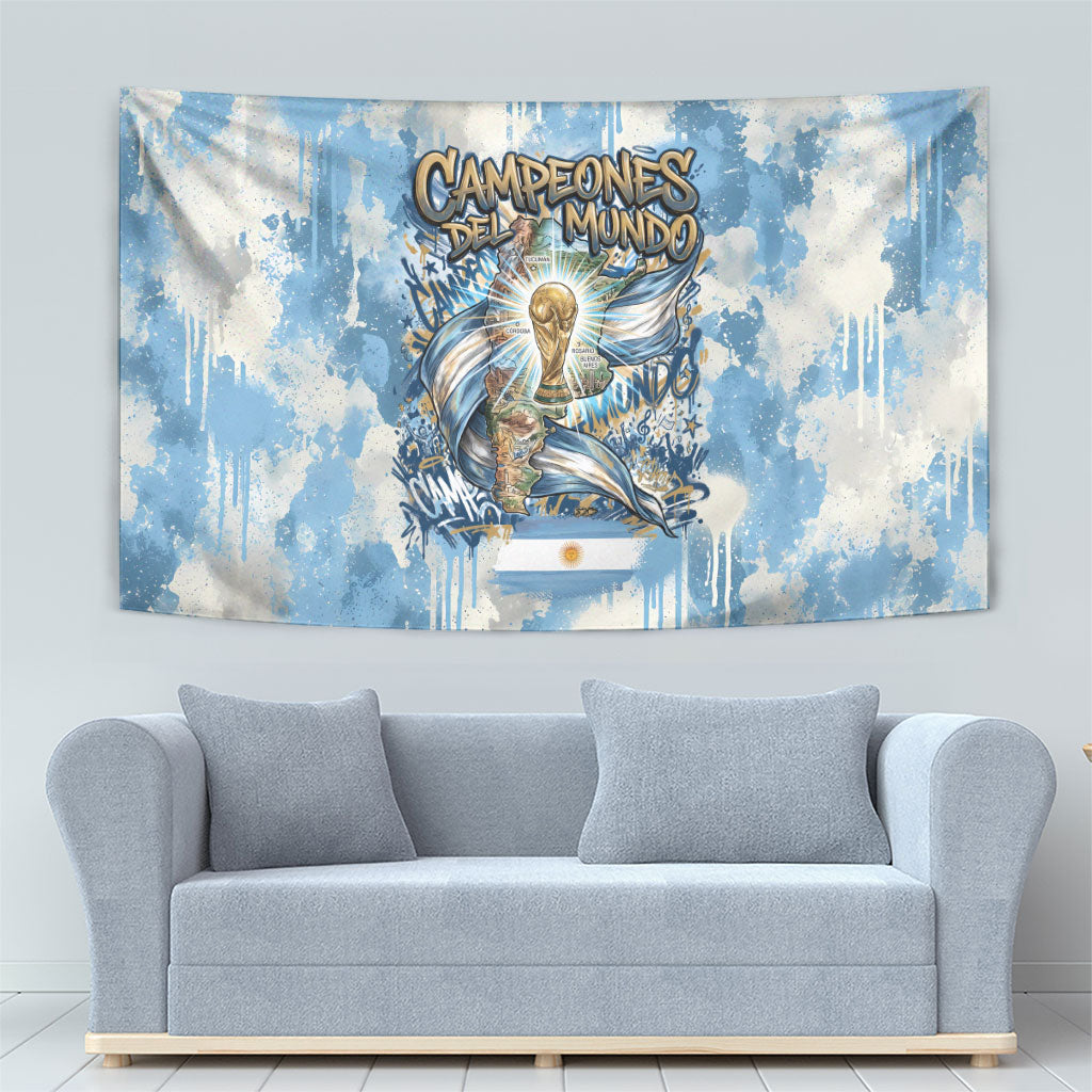 Argentina Football Campeones Del Mundo 2026 Tapestry Champions Soccer Flag Watercolor Paint Drips Trophy