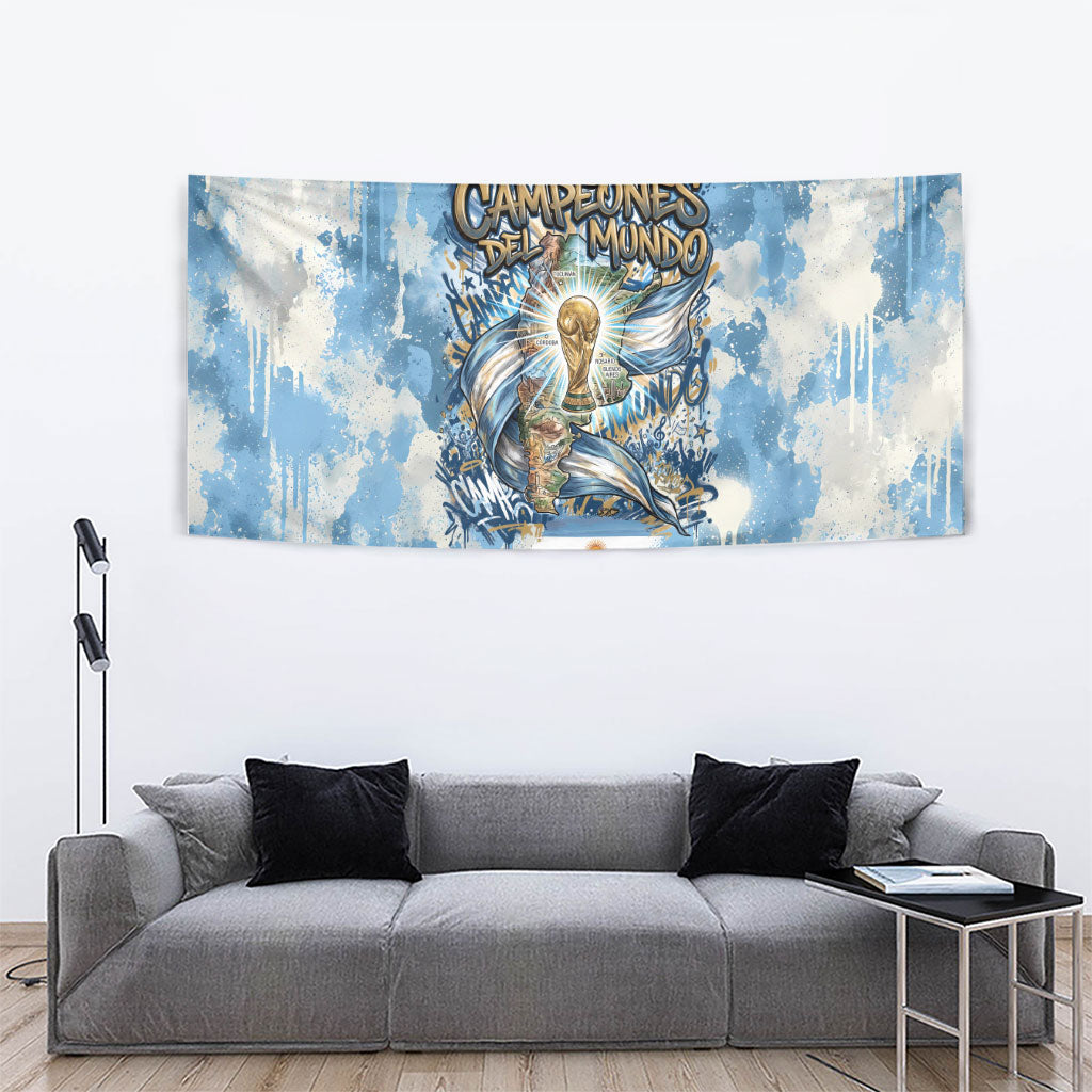 Argentina Football Campeones Del Mundo 2026 Tapestry Champions Soccer Flag Watercolor Paint Drips Trophy
