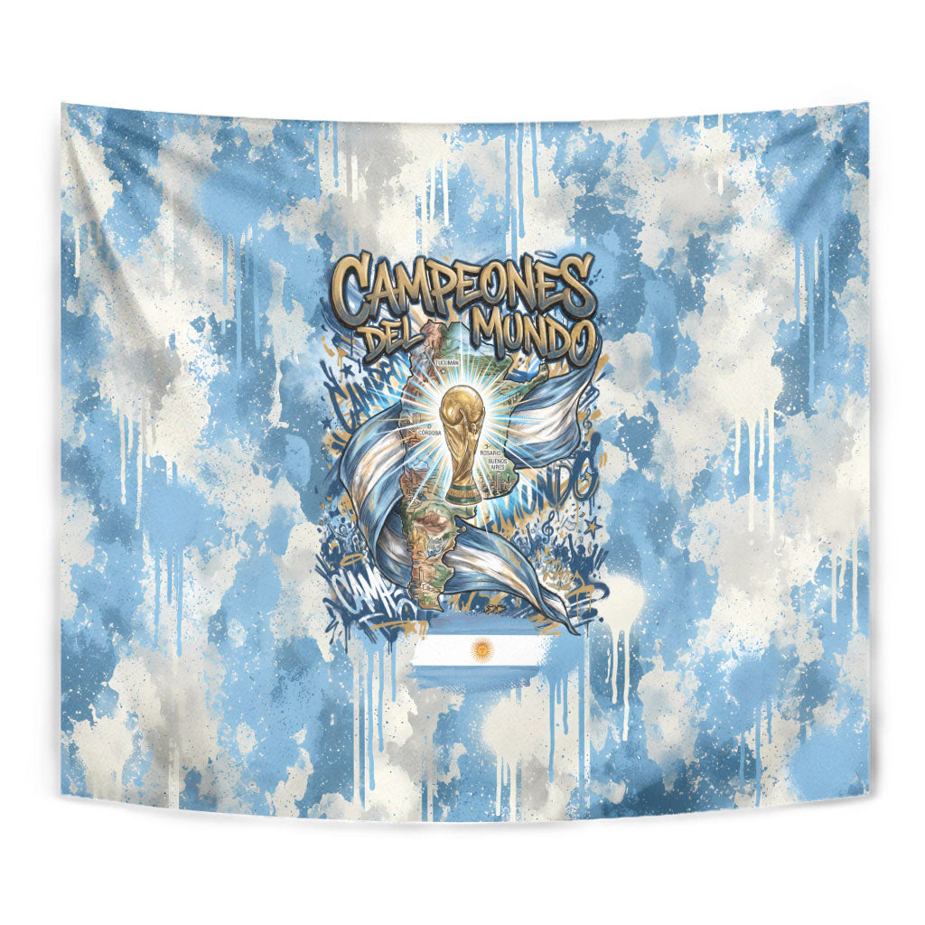 Argentina Football Campeones Del Mundo 2026 Tapestry Champions Soccer Flag Watercolor Paint Drips Trophy