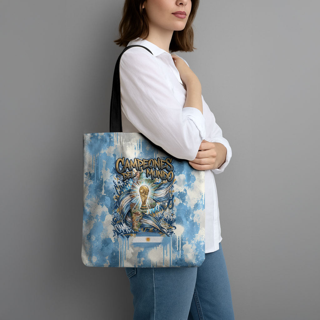 Argentina Football Campeones Del Mundo 2026 Tote Bag Champions Soccer Flag Watercolor Paint Drips Trophy
