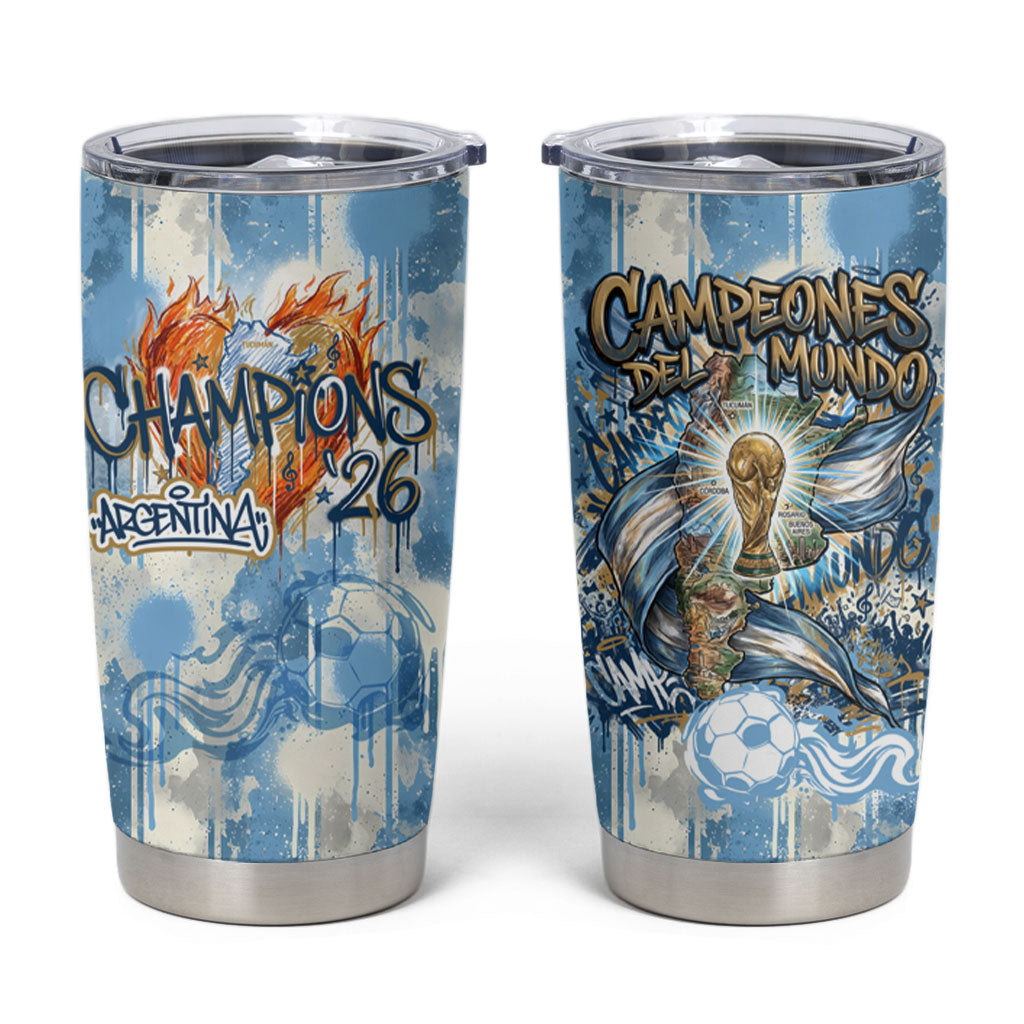 Argentina Football Campeones Del Mundo 2026 Tumbler Cup Champions Soccer Flag Watercolor Paint Drips Trophy