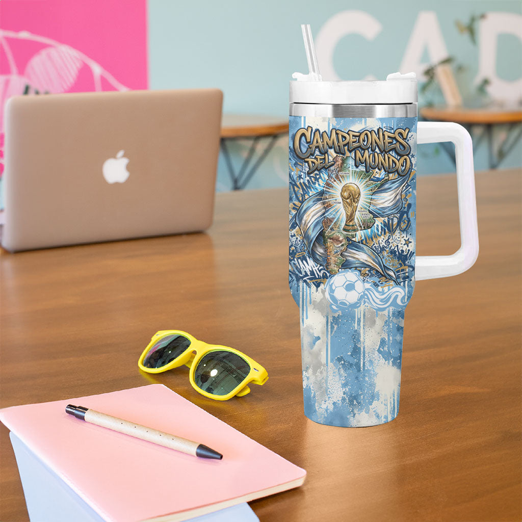 Argentina Football Campeones Del Mundo 2026 Tumbler With Handle Champions Soccer Flag Watercolor Paint Drips Trophy