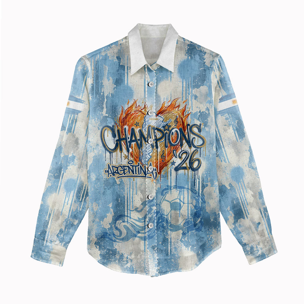 Argentina Football Campeones Del Mundo 2026 Women Casual Shirt Champions Soccer Flag Watercolor Paint Drips Trophy
