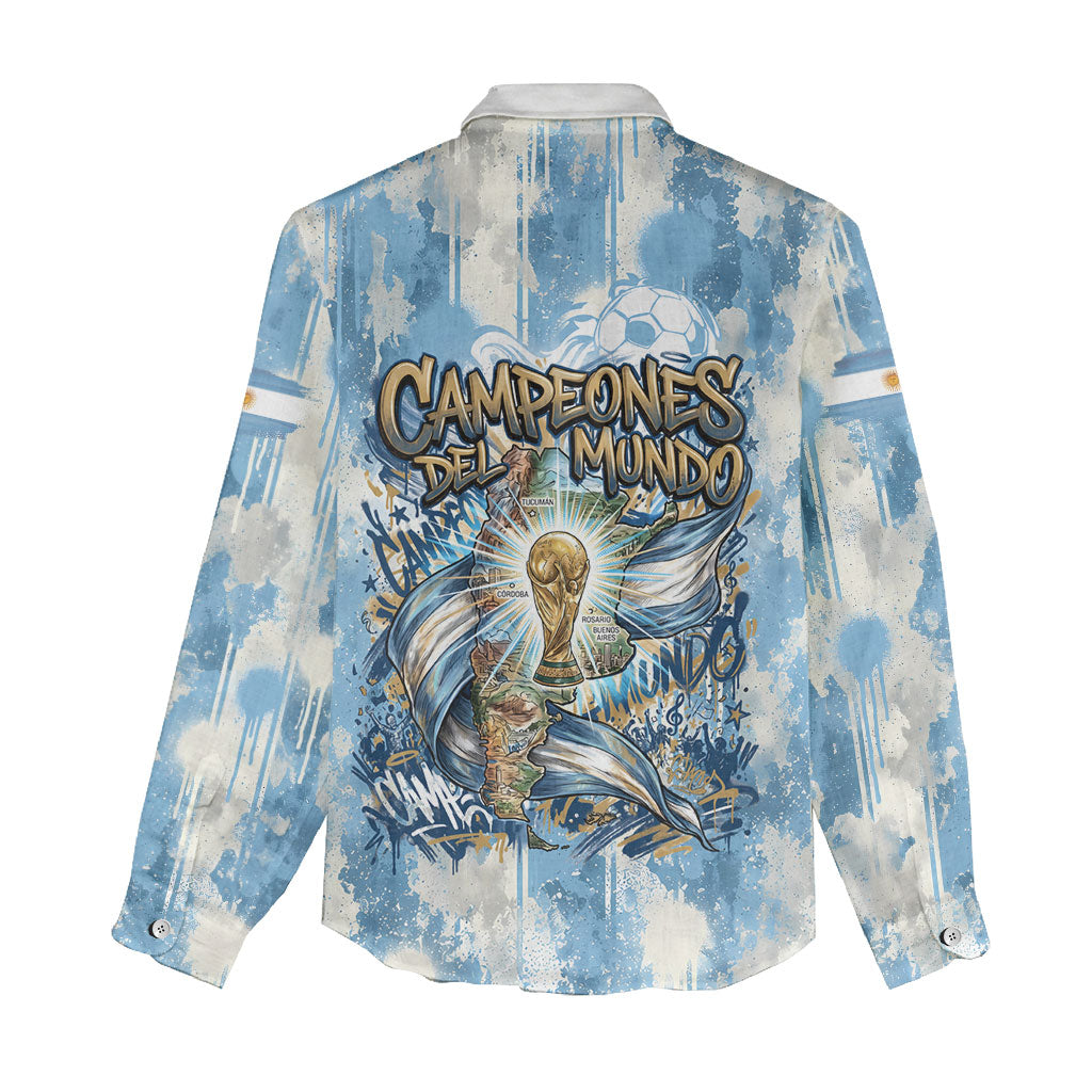 Argentina Football Campeones Del Mundo 2026 Women Casual Shirt Champions Soccer Flag Watercolor Paint Drips Trophy