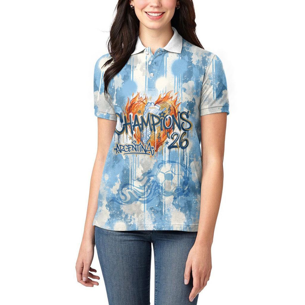 Argentina Football Campeones Del Mundo 2026 Women Polo Shirt Champions Soccer Flag Watercolor Paint Drips Trophy