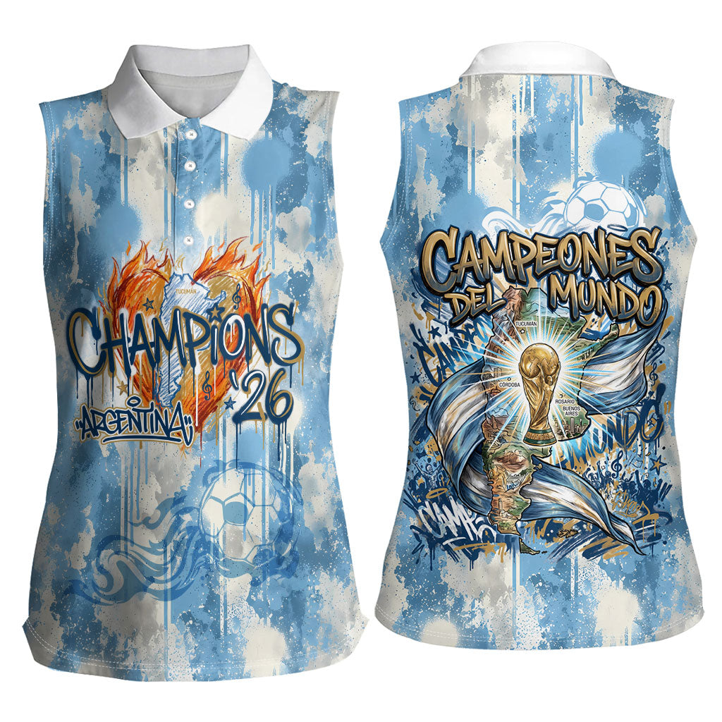 Argentina Football Campeones Del Mundo 2026 Women Sleeveless Polo Shirt Champions Soccer Flag Watercolor Paint Drips Trophy