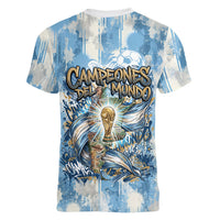 Argentina Football Campeones Del Mundo 2026 Women V-Neck T-Shirt Champions Soccer Flag Watercolor Paint Drips Trophy