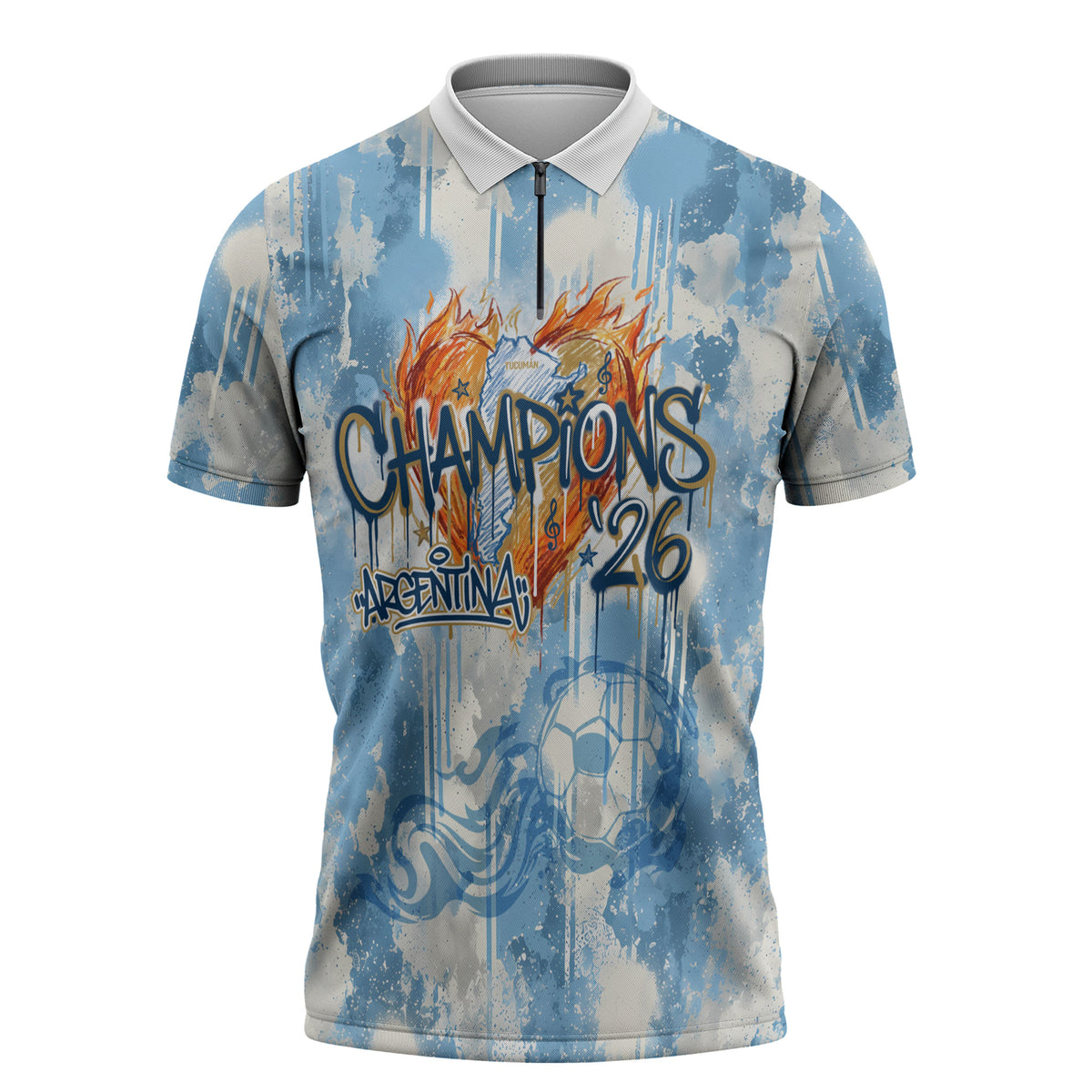 Argentina Football Campeones Del Mundo 2026 Zipper Polo Shirt Champions Soccer Flag Watercolor Paint Drips Trophy
