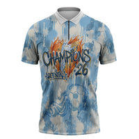 Argentina Football Campeones Del Mundo 2026 Zipper Polo Shirt Champions Soccer Flag Watercolor Paint Drips Trophy
