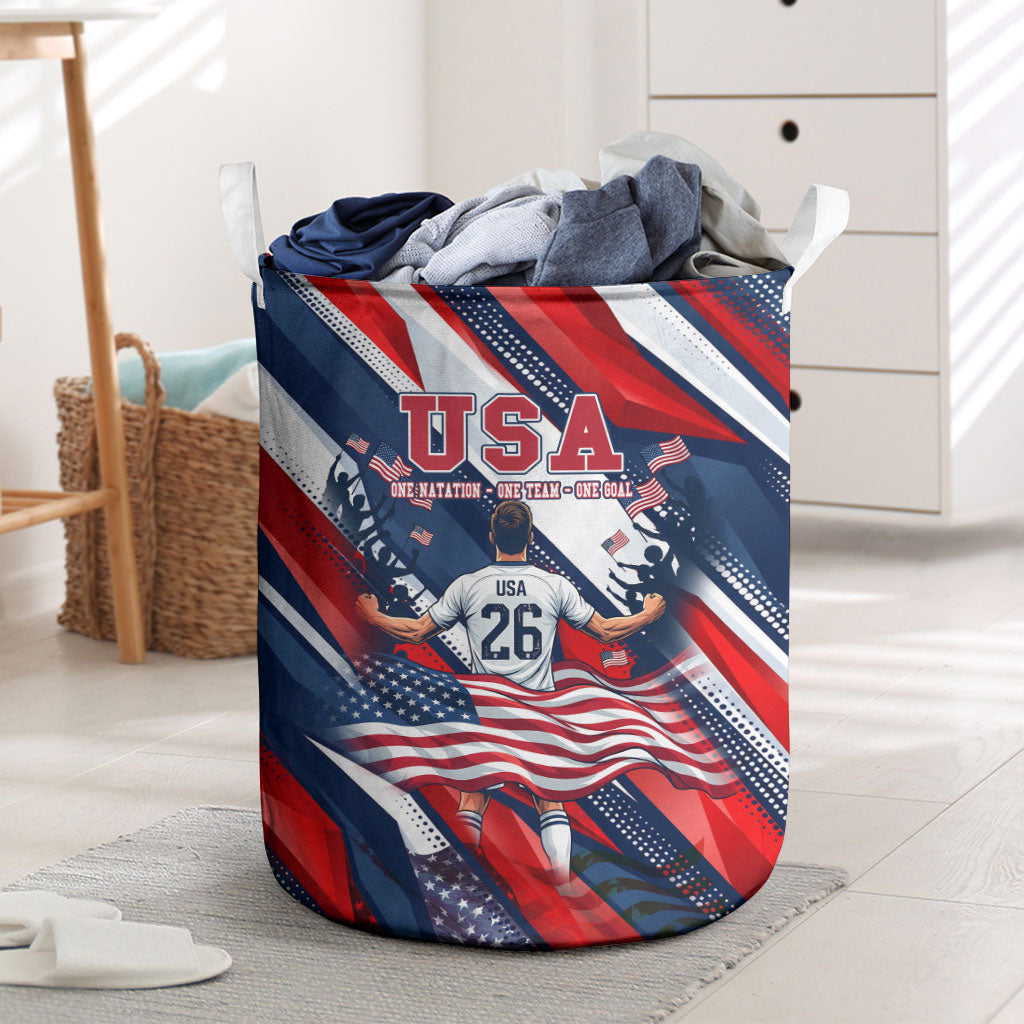 USA World Football Laundry Basket One Team One Goal - Patriotic Bald Eagle Mascot Soccer