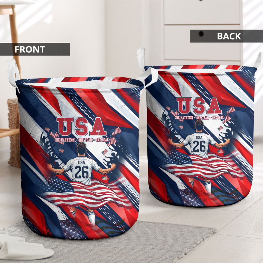 USA World Football Laundry Basket One Team One Goal - Patriotic Bald Eagle Mascot Soccer