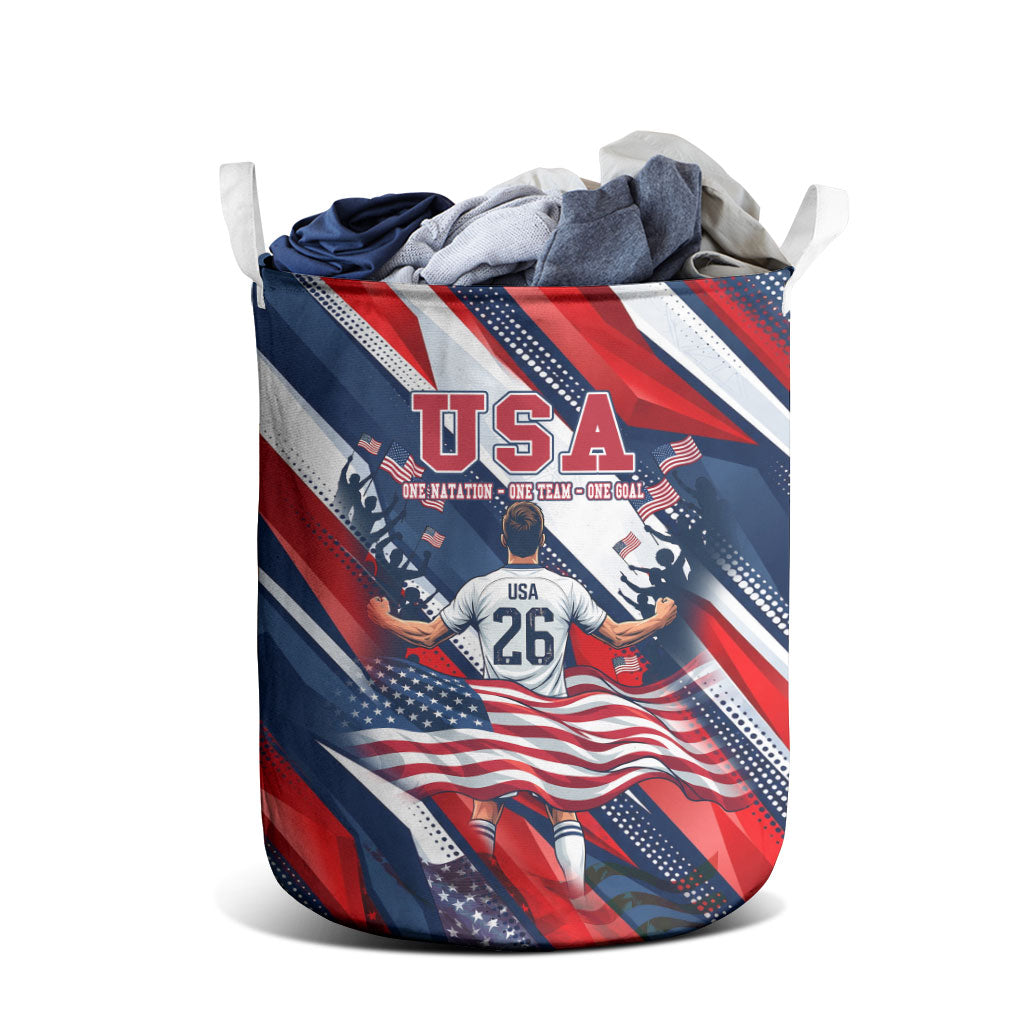 USA World Football Laundry Basket One Team One Goal - Patriotic Bald Eagle Mascot Soccer