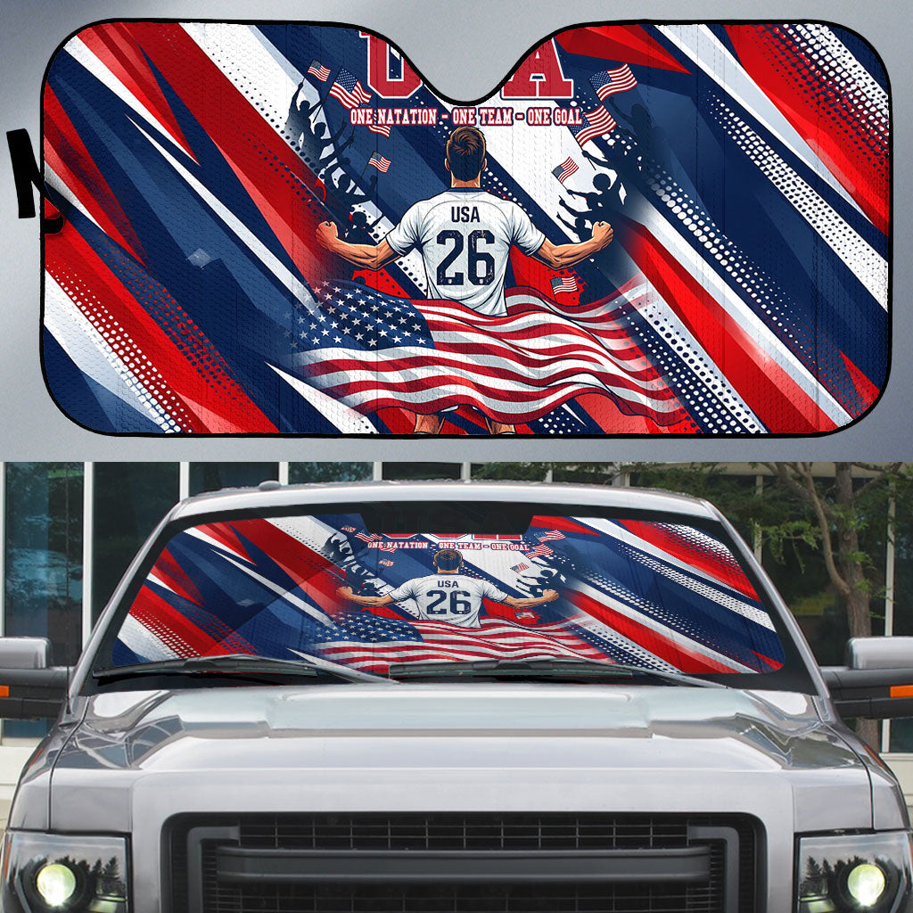 USA World Football Auto Sun Shade One Team One Goal - Patriotic Bald Eagle Mascot Soccer