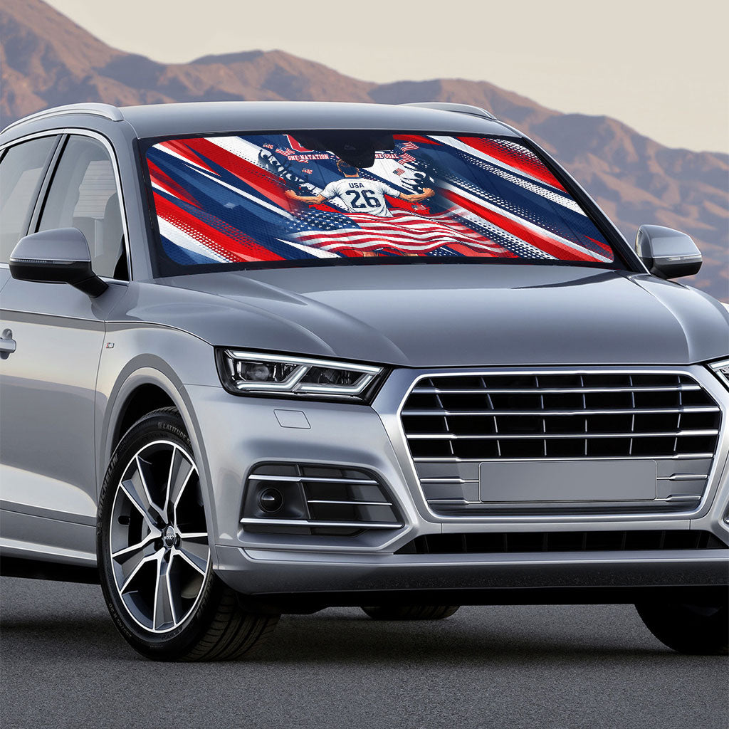 USA World Football Auto Sun Shade One Team One Goal - Patriotic Bald Eagle Mascot Soccer
