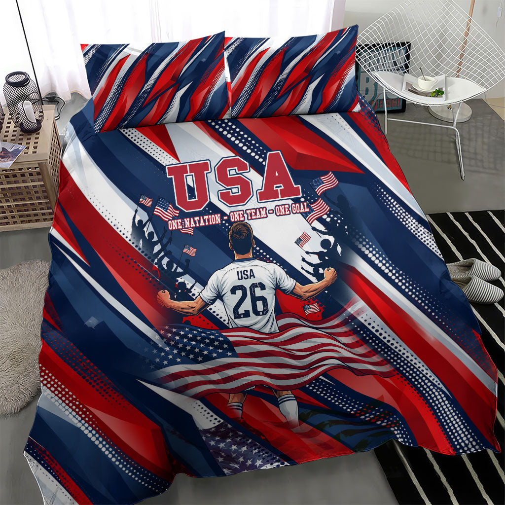 USA World Football Bedding Set One Team One Goal - Patriotic Bald Eagle Mascot Soccer