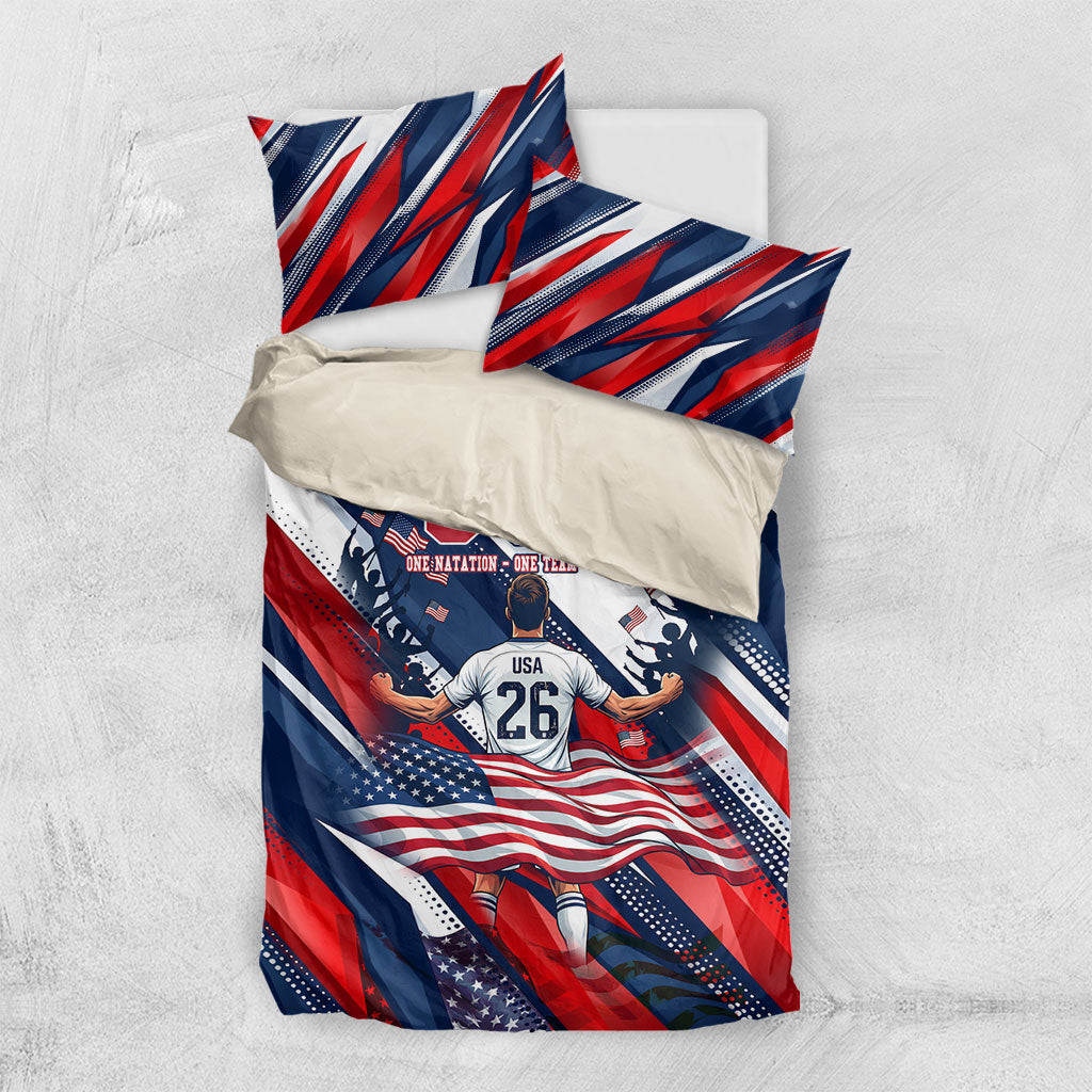 USA World Football Bedding Set One Team One Goal - Patriotic Bald Eagle Mascot Soccer