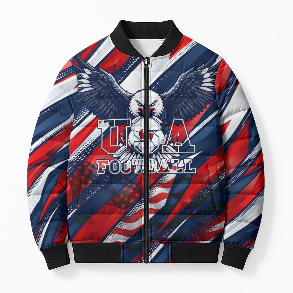 USA World Football Bomber Puffer Jacket One Team One Goal - Patriotic Bald Eagle Mascot Soccer