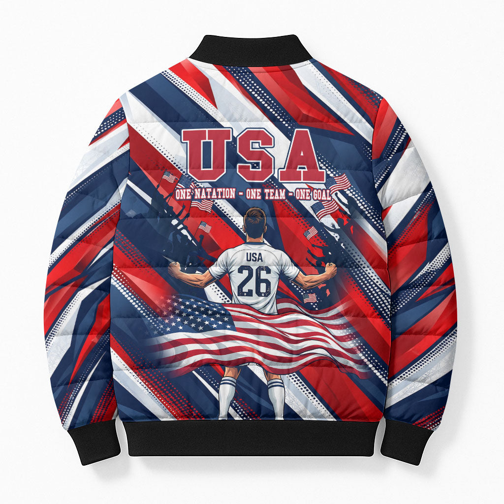 USA World Football Bomber Puffer Jacket One Team One Goal - Patriotic Bald Eagle Mascot Soccer