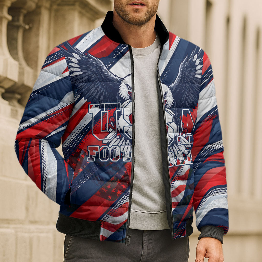 USA World Football Bomber Puffer Jacket One Team One Goal - Patriotic Bald Eagle Mascot Soccer