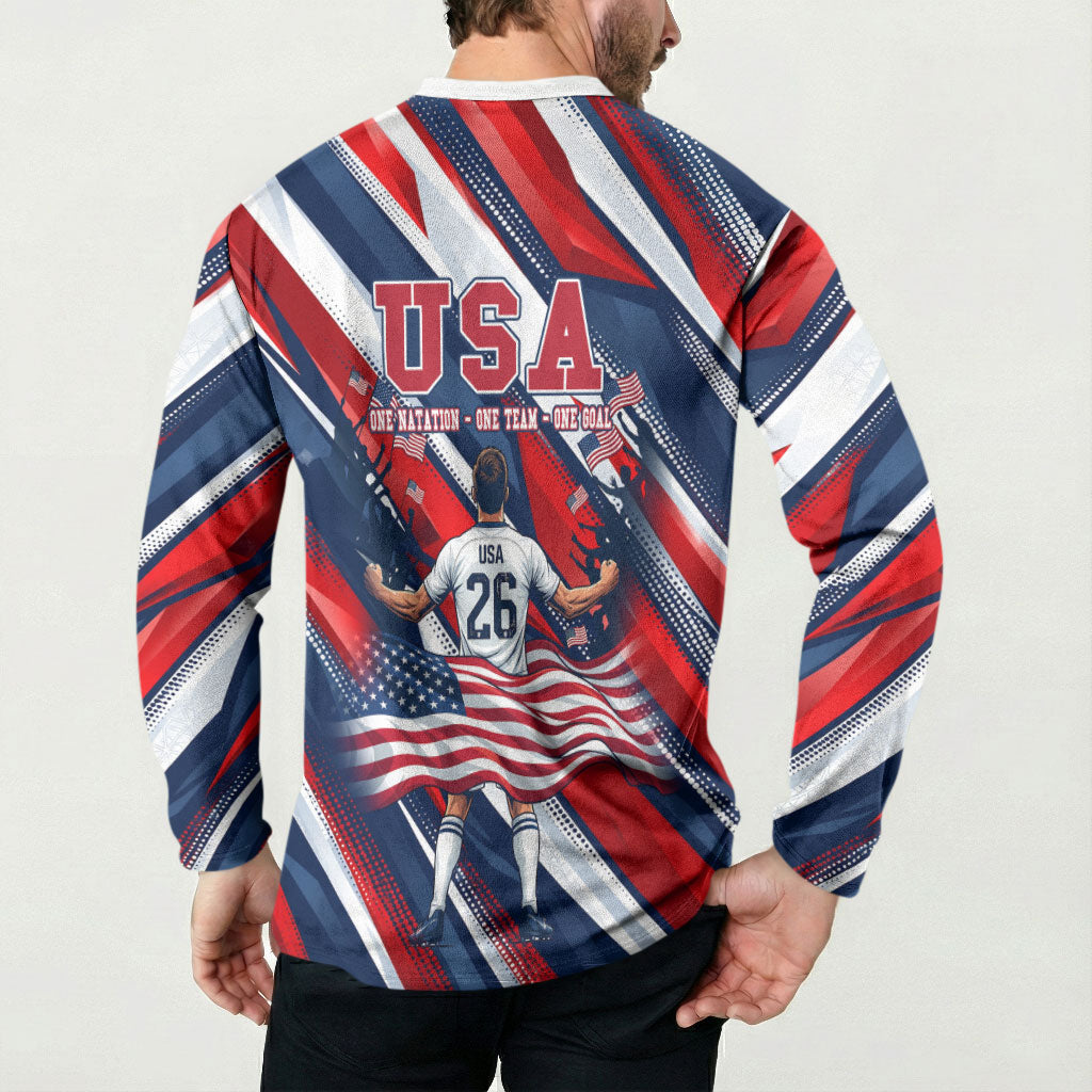 USA World Football Button Sweatshirt One Team One Goal - Patriotic Bald Eagle Mascot Soccer