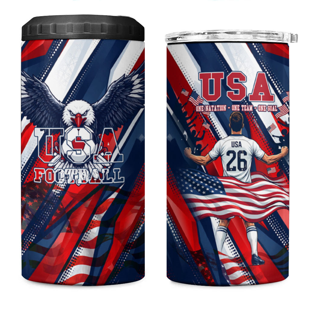 USA World Football 4 in 1 Can Cooler Tumbler One Team One Goal - Patriotic Bald Eagle Mascot Soccer