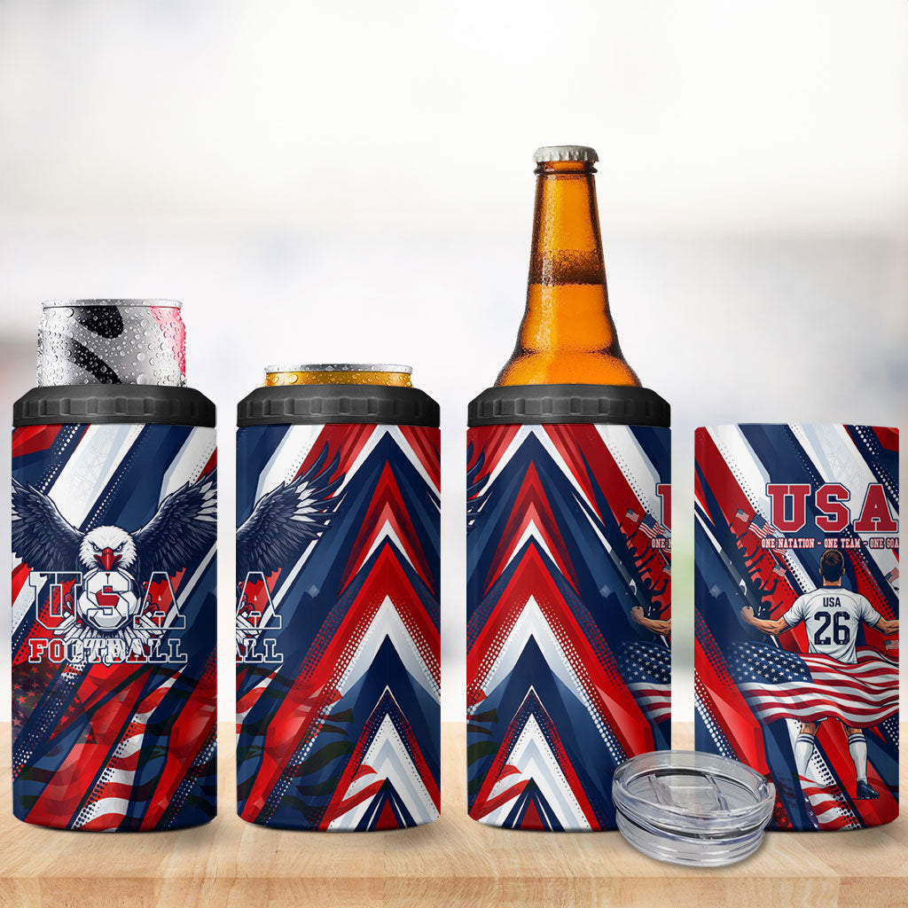 USA World Football 4 in 1 Can Cooler Tumbler One Team One Goal - Patriotic Bald Eagle Mascot Soccer