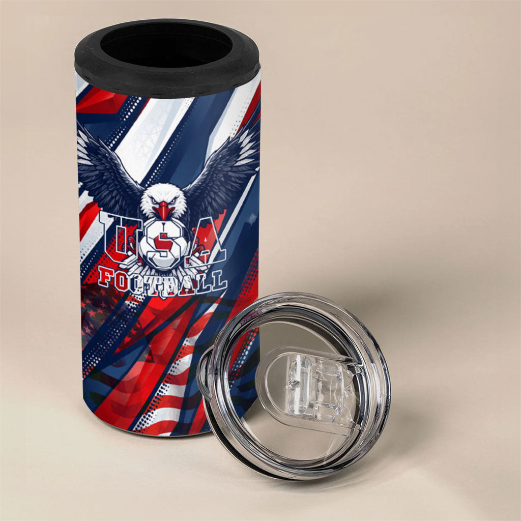 USA World Football 4 in 1 Can Cooler Tumbler One Team One Goal - Patriotic Bald Eagle Mascot Soccer
