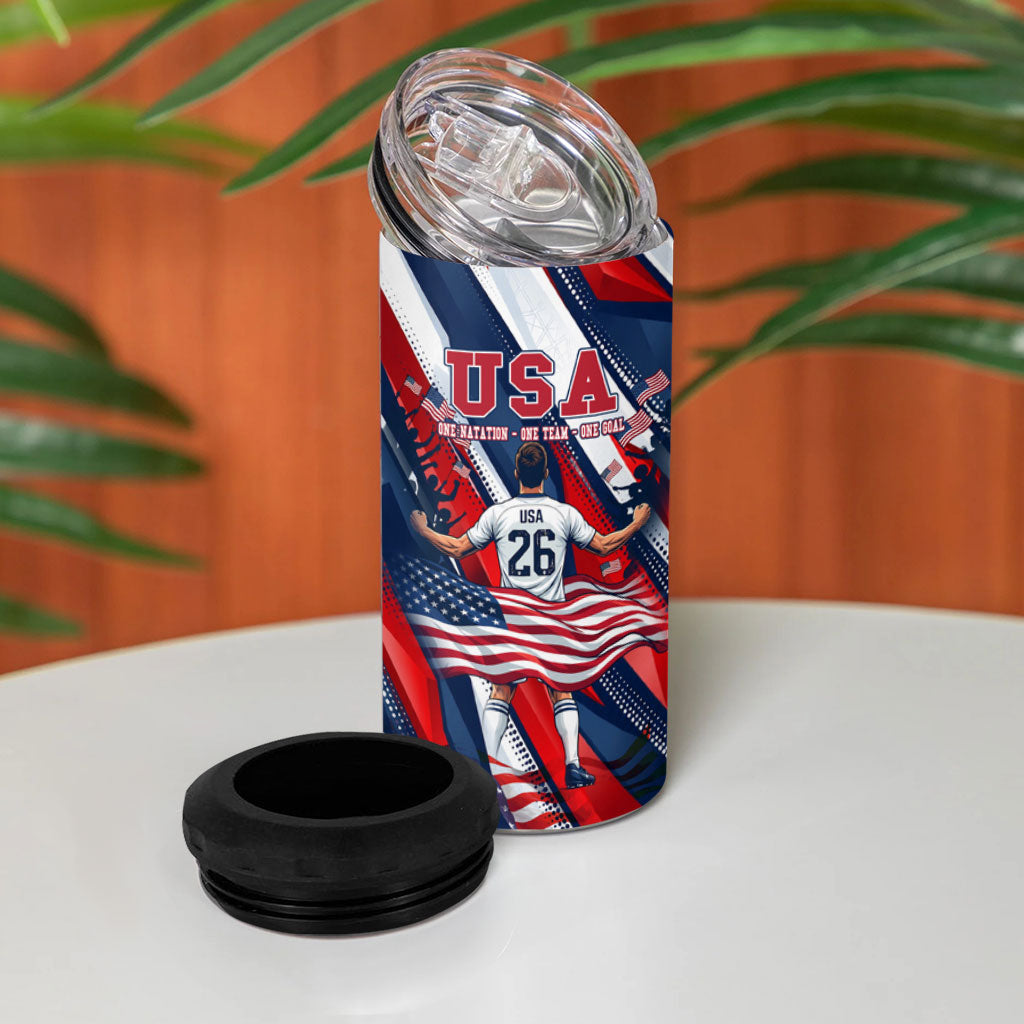 USA World Football 4 in 1 Can Cooler Tumbler One Team One Goal - Patriotic Bald Eagle Mascot Soccer