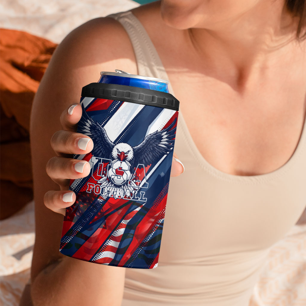 USA World Football 4 in 1 Can Cooler Tumbler One Team One Goal - Patriotic Bald Eagle Mascot Soccer