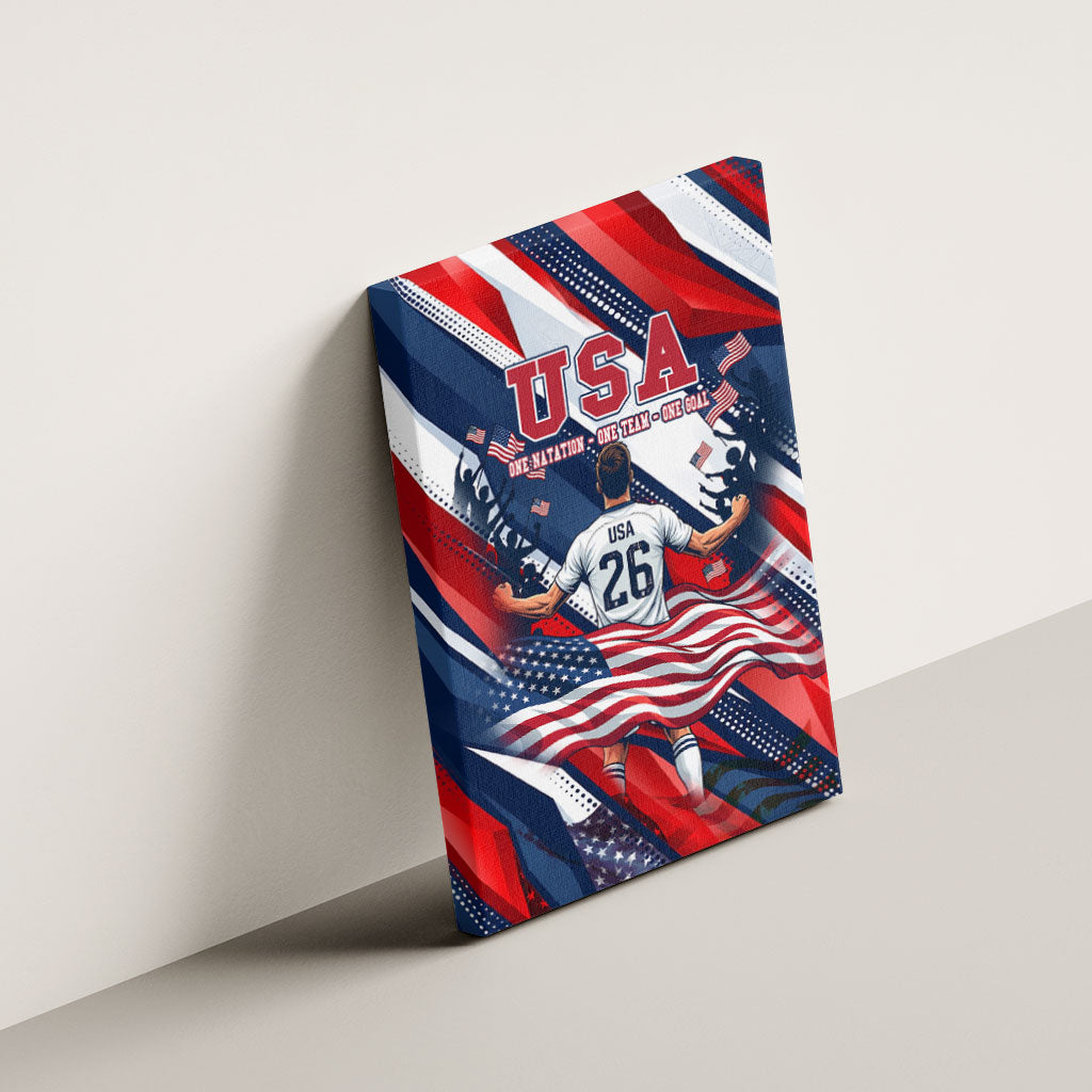 USA World Football Canvas Wall Art One Team One Goal - Patriotic Bald Eagle Mascot Soccer