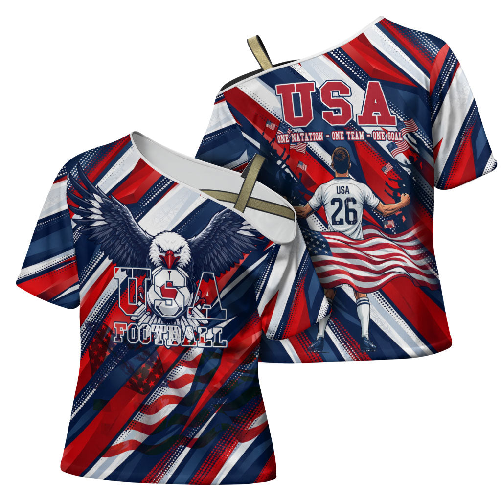 USA World Football Cross Shoulder Shirt One Team One Goal - Patriotic Bald Eagle Mascot Soccer