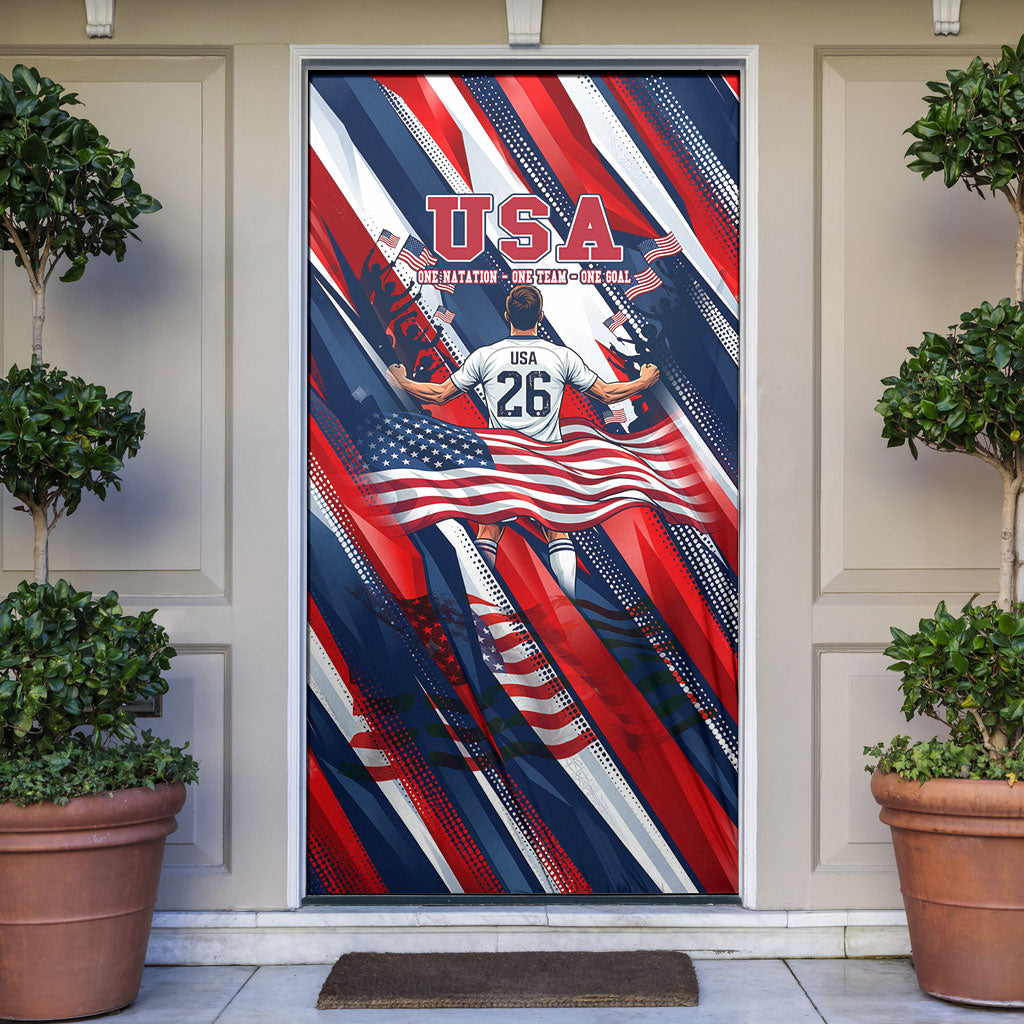 USA World Football Door Cover One Team One Goal - Patriotic Bald Eagle Mascot Soccer