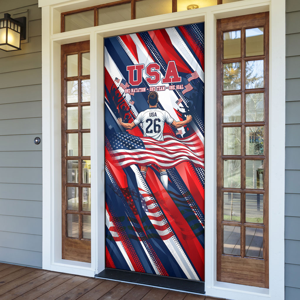 USA World Football Door Cover One Team One Goal - Patriotic Bald Eagle Mascot Soccer