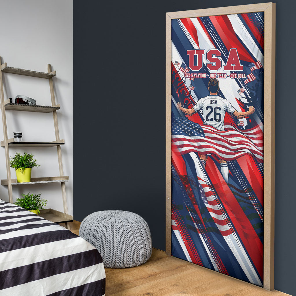 USA World Football Door Cover One Team One Goal - Patriotic Bald Eagle Mascot Soccer