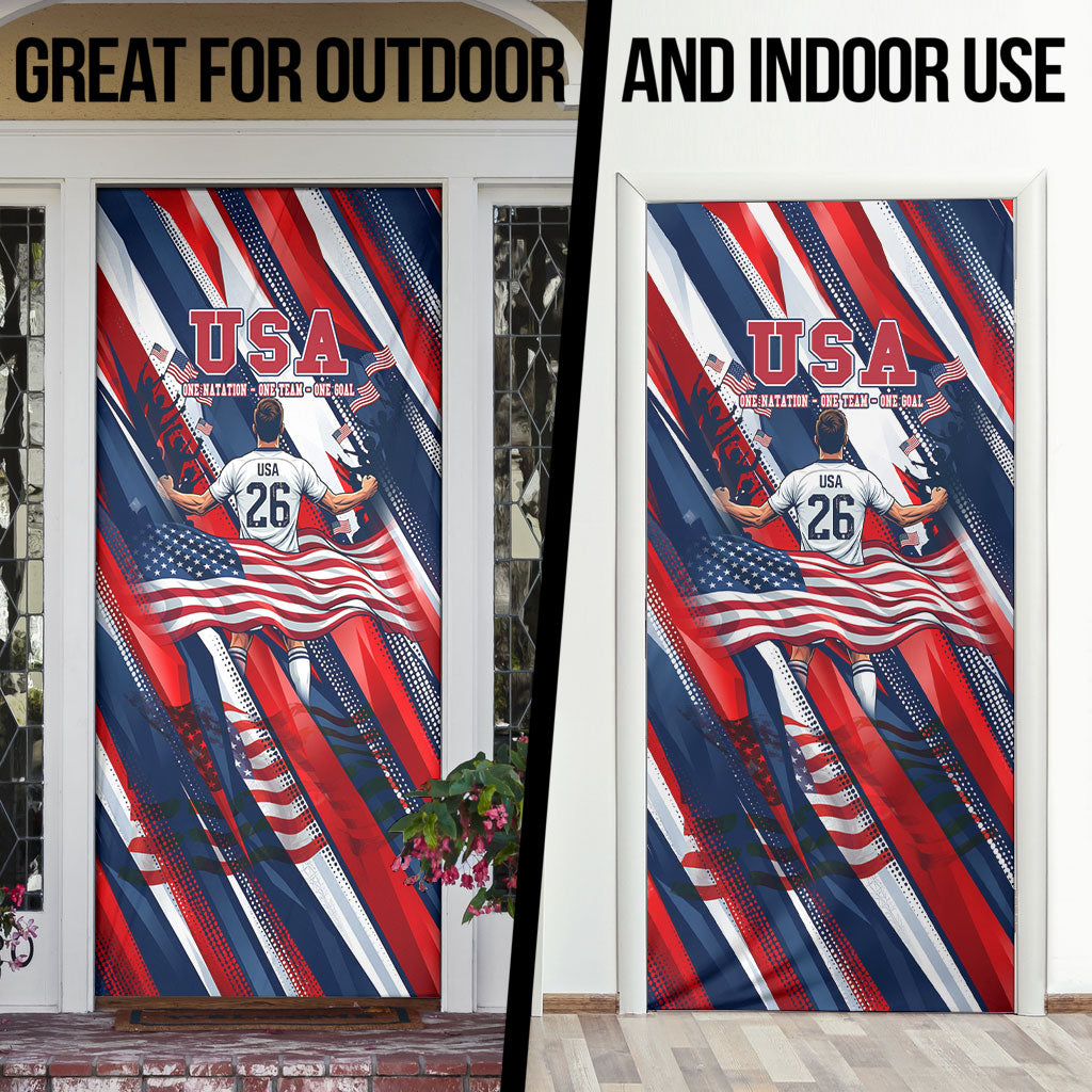 USA World Football Door Cover One Team One Goal - Patriotic Bald Eagle Mascot Soccer