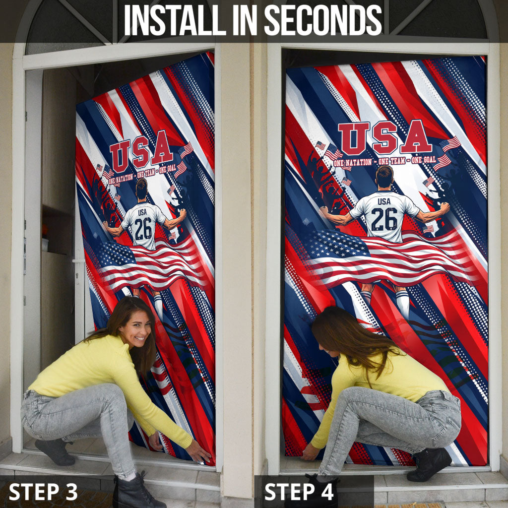 USA World Football Door Cover One Team One Goal - Patriotic Bald Eagle Mascot Soccer