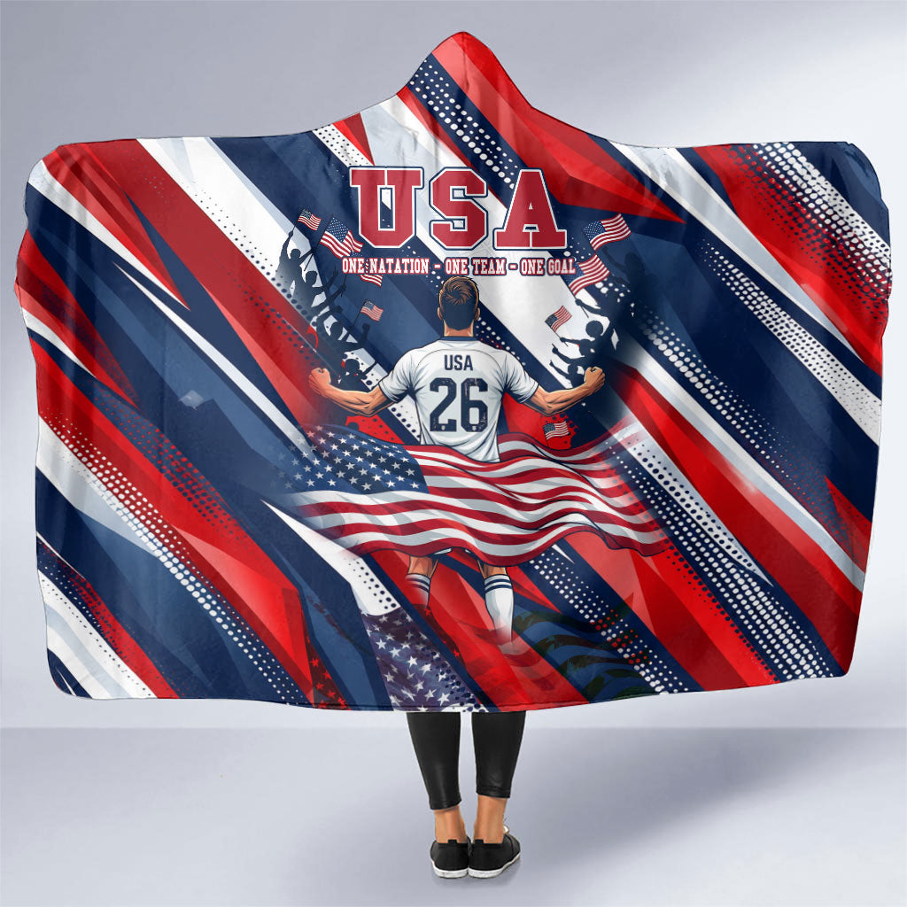 USA World Football Hooded Blanket One Team One Goal - Patriotic Bald Eagle Mascot Soccer