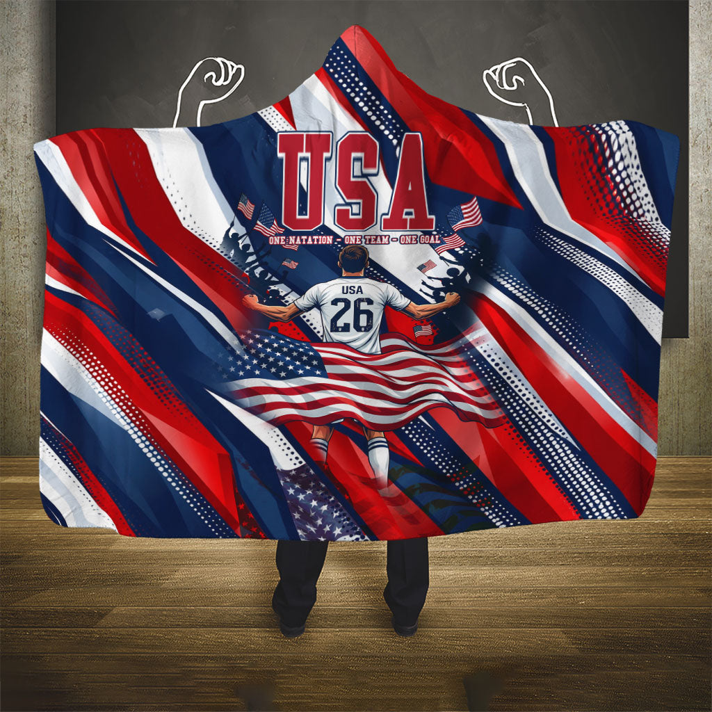 USA World Football Hooded Blanket One Team One Goal - Patriotic Bald Eagle Mascot Soccer