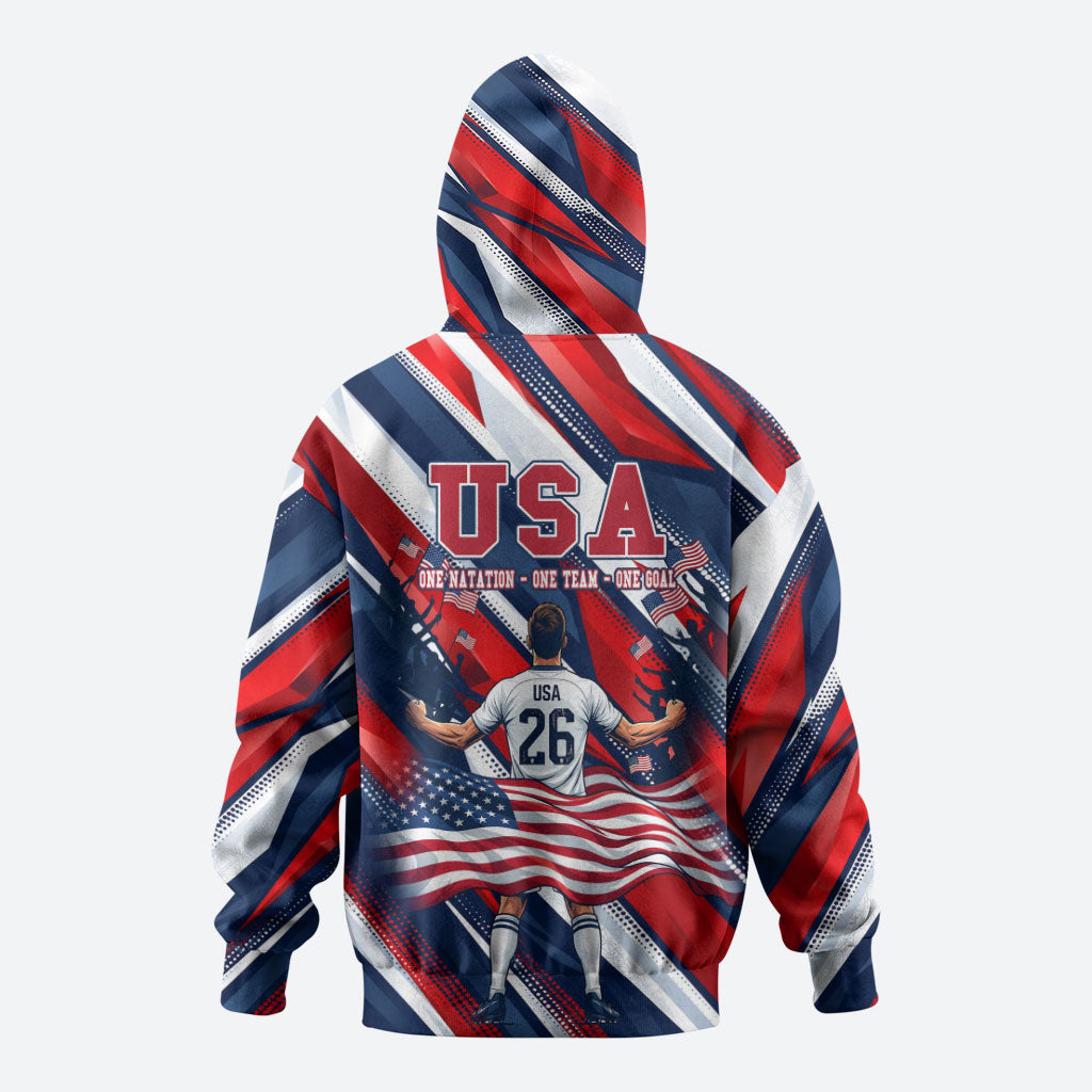 USA World Football Hoodie One Team One Goal - Patriotic Bald Eagle Mascot Soccer